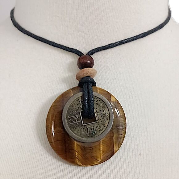 Tigers Eye Necklace Pendant Disc Coin Corded Bohemian Hippie Boho Chic Gypsy - Picture 16 of 16